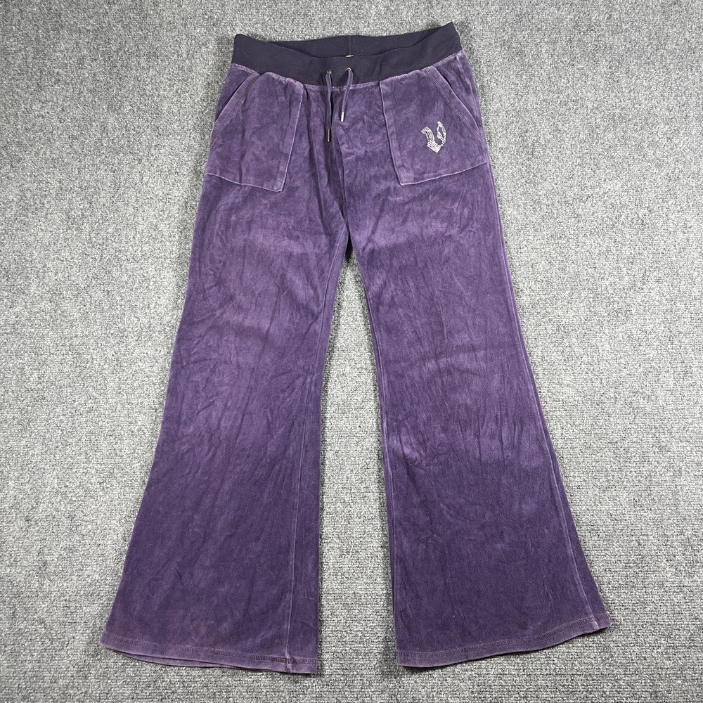 VTG Y2K Velour Flare Track Pants Womens M Purple Logo Wide Leg Low Rise
